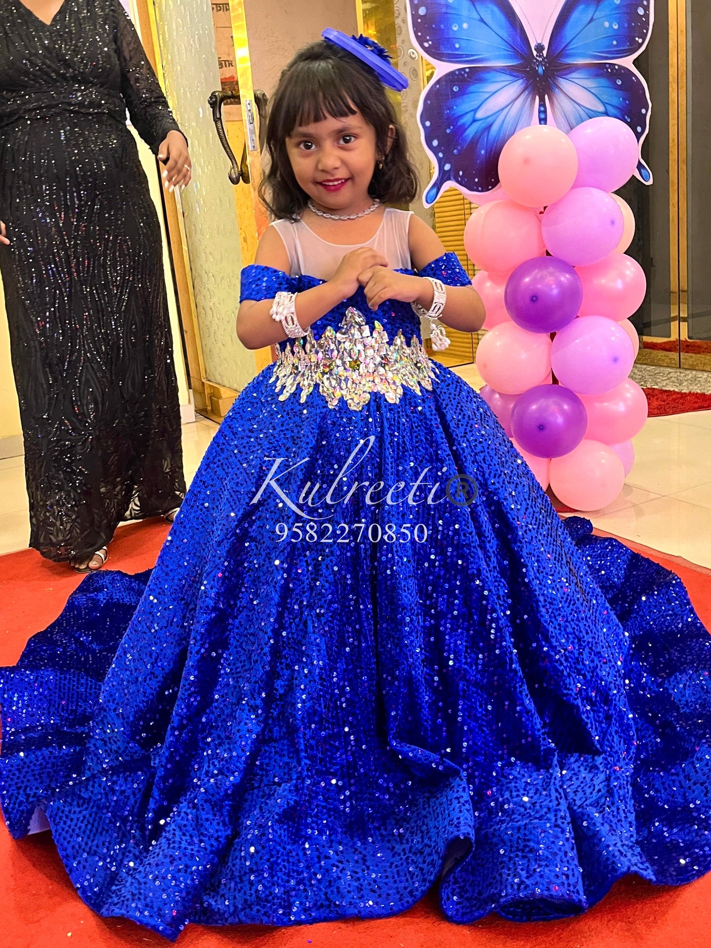 Royal blue velvet sequin gown withhand work