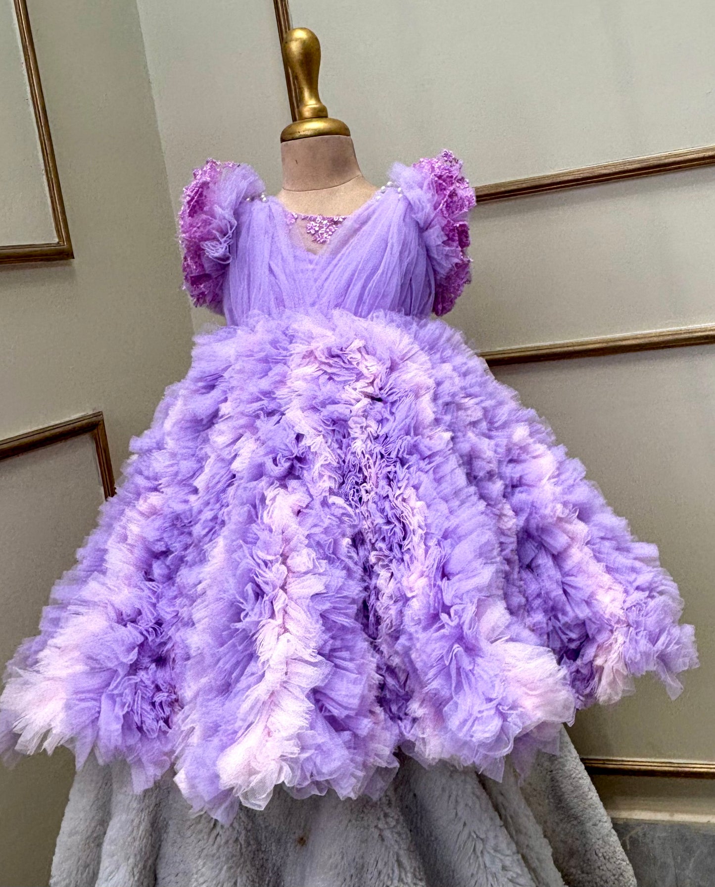 Lavender pink waterfall frill Theme Gown