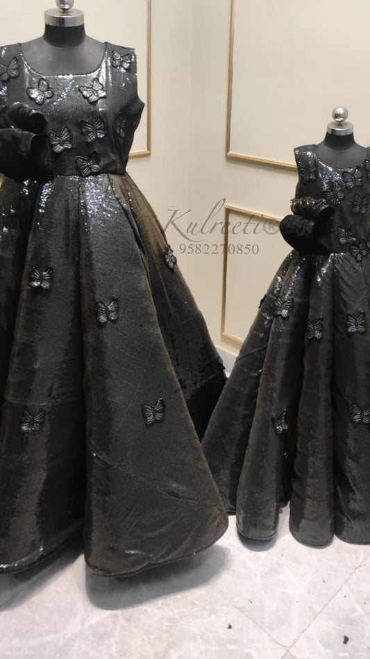 Black sequin structured gown Twinning For Mother & Daughter (2 Pcs Combo)