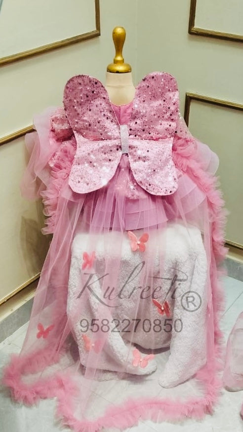 Onion Pink sequin pearl Gown trail  and wings  Twinning For Mother & Daughter