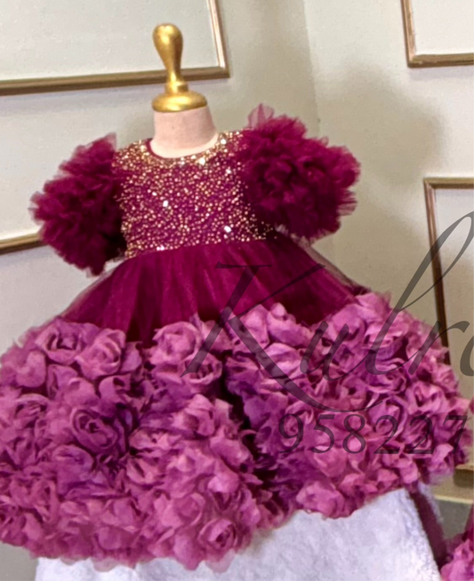 Wine gown with hand embroidery top and floral bottom