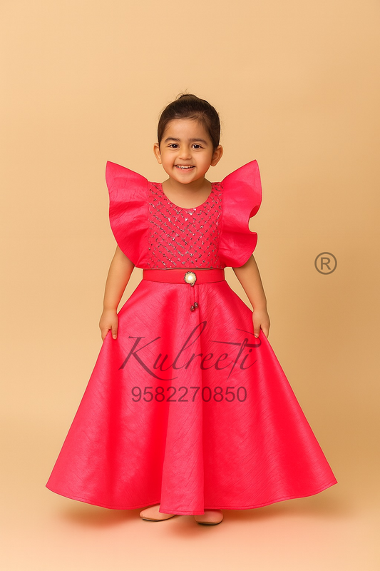 Neon pink silk sequin blouse with unique style silk lehenga