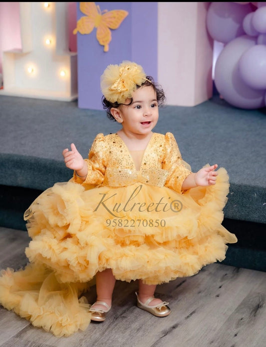 Golden Pearl sequin Embroidery Dress With Full Flair For Mother Or Dress For Daughter (1 Pc)