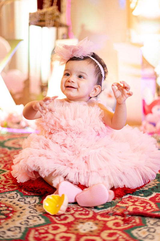 Baby Pink Multi Layer Fur Ball  Dress For Daughter (1 Pc)