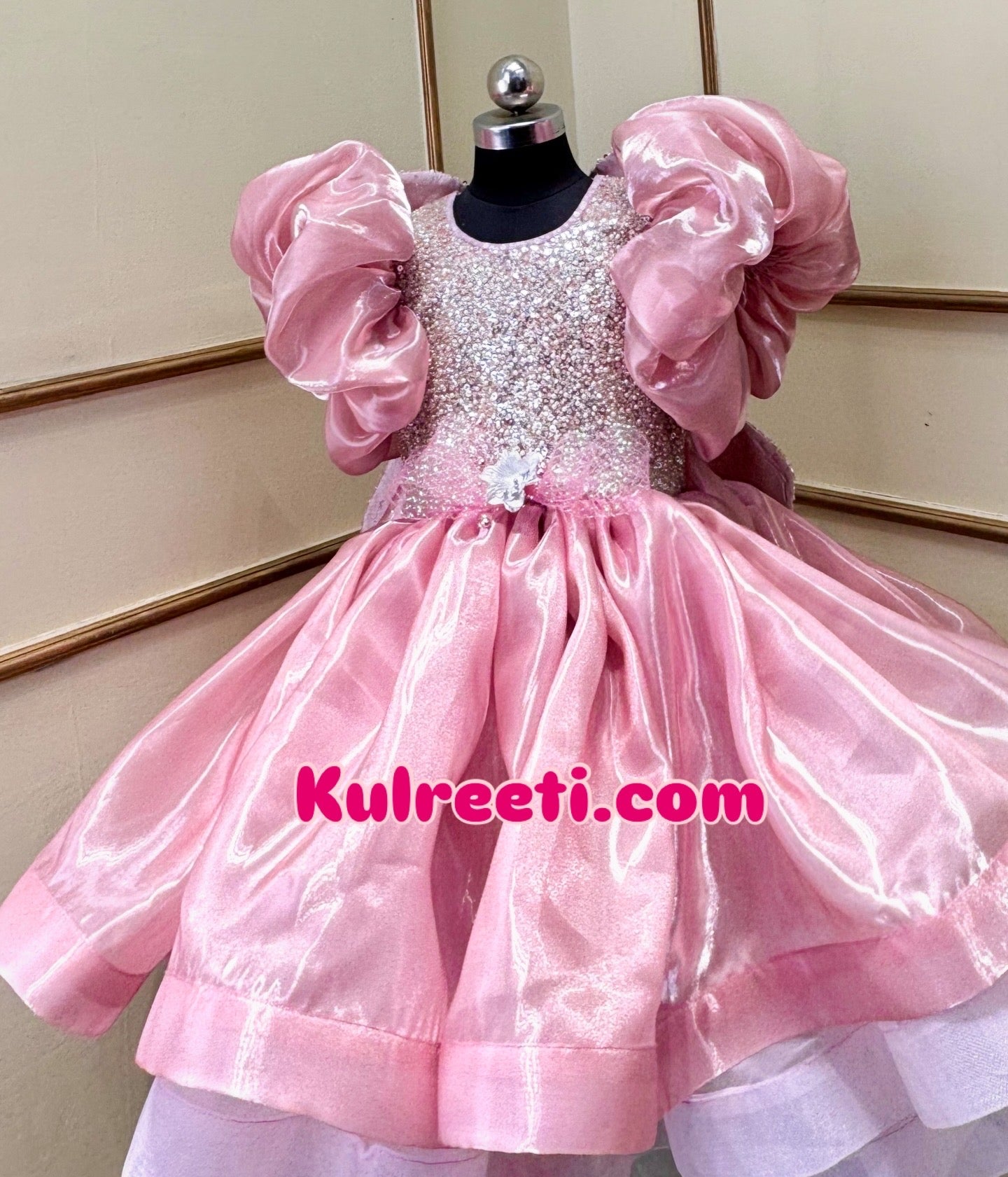 Onion pink bead hand work sequin work Dress With Full Flair For Mother Or Dress For Daughter (1 Pc)