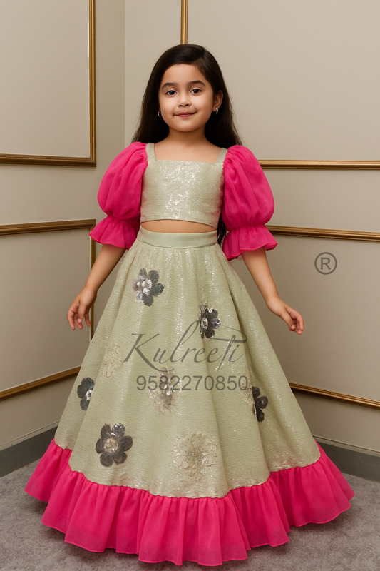 Sequins Pista Green Top With Lehenga and Dupatta