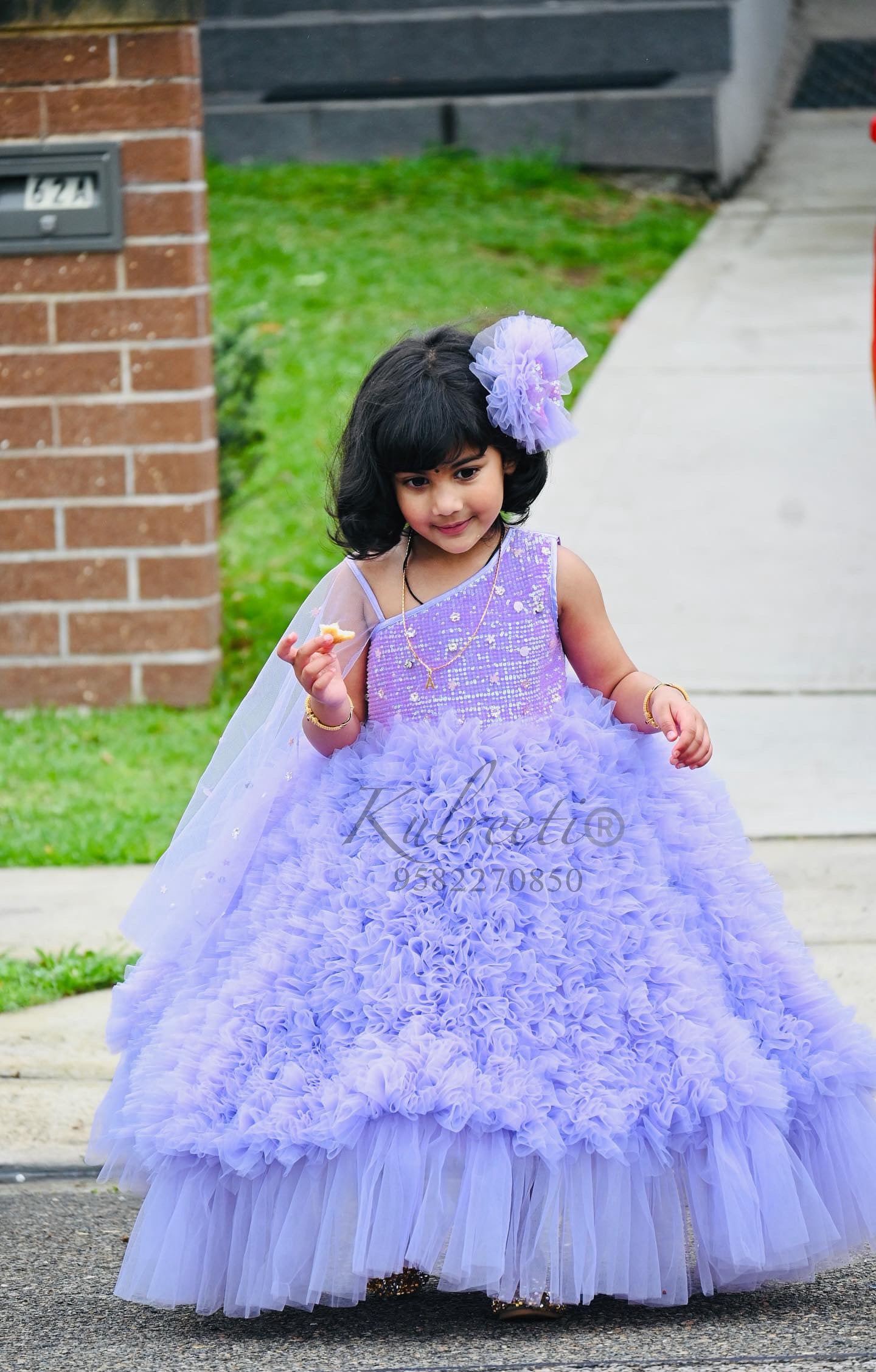 Lavender waterfall frill gown with sequin top and hand embroidery drape