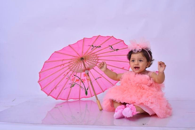 Baby Pink Multi Layer Fur Ball  Dress For Daughter (1 Pc)