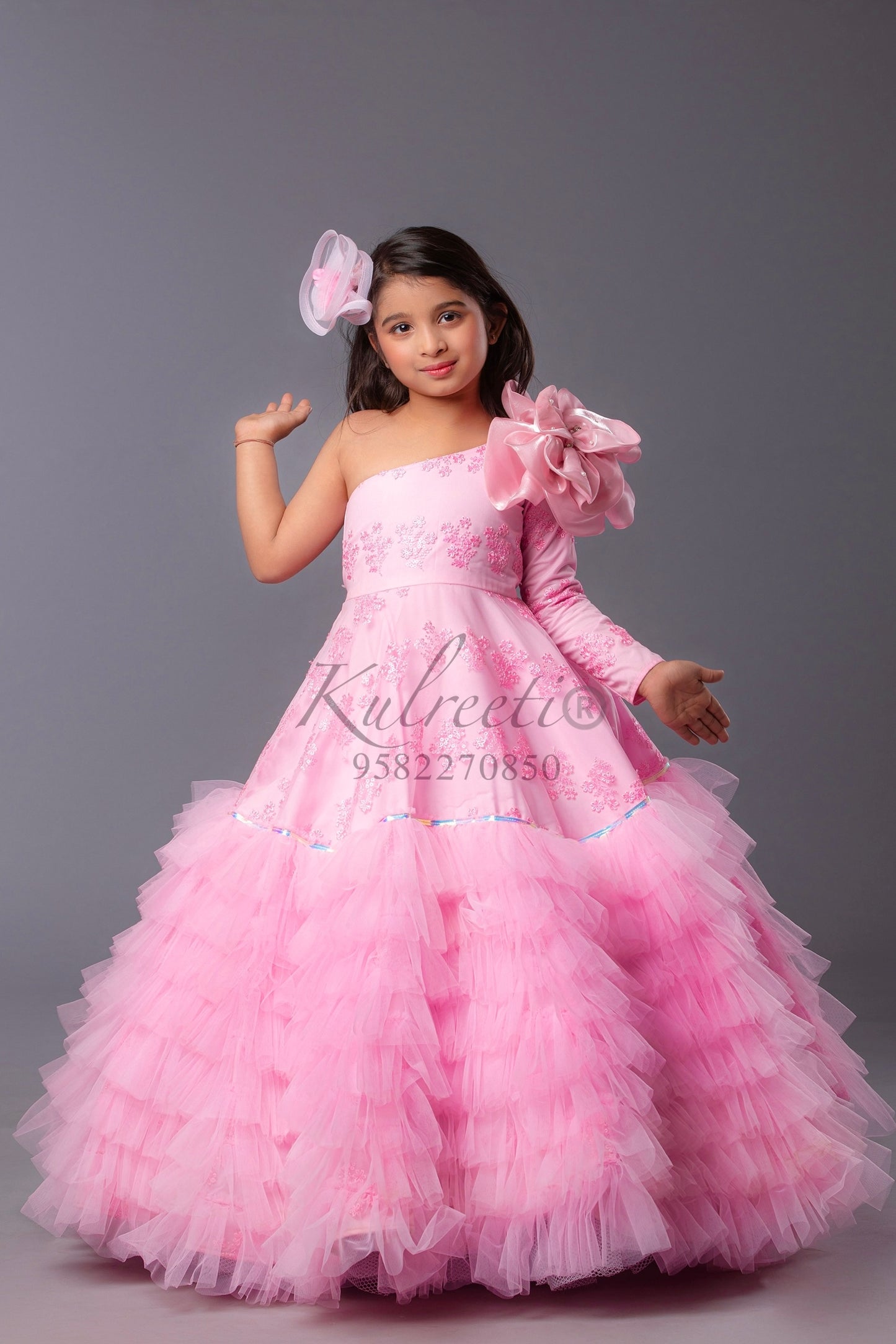 Dark pink Frill Gown with embroidered fabric and big flower