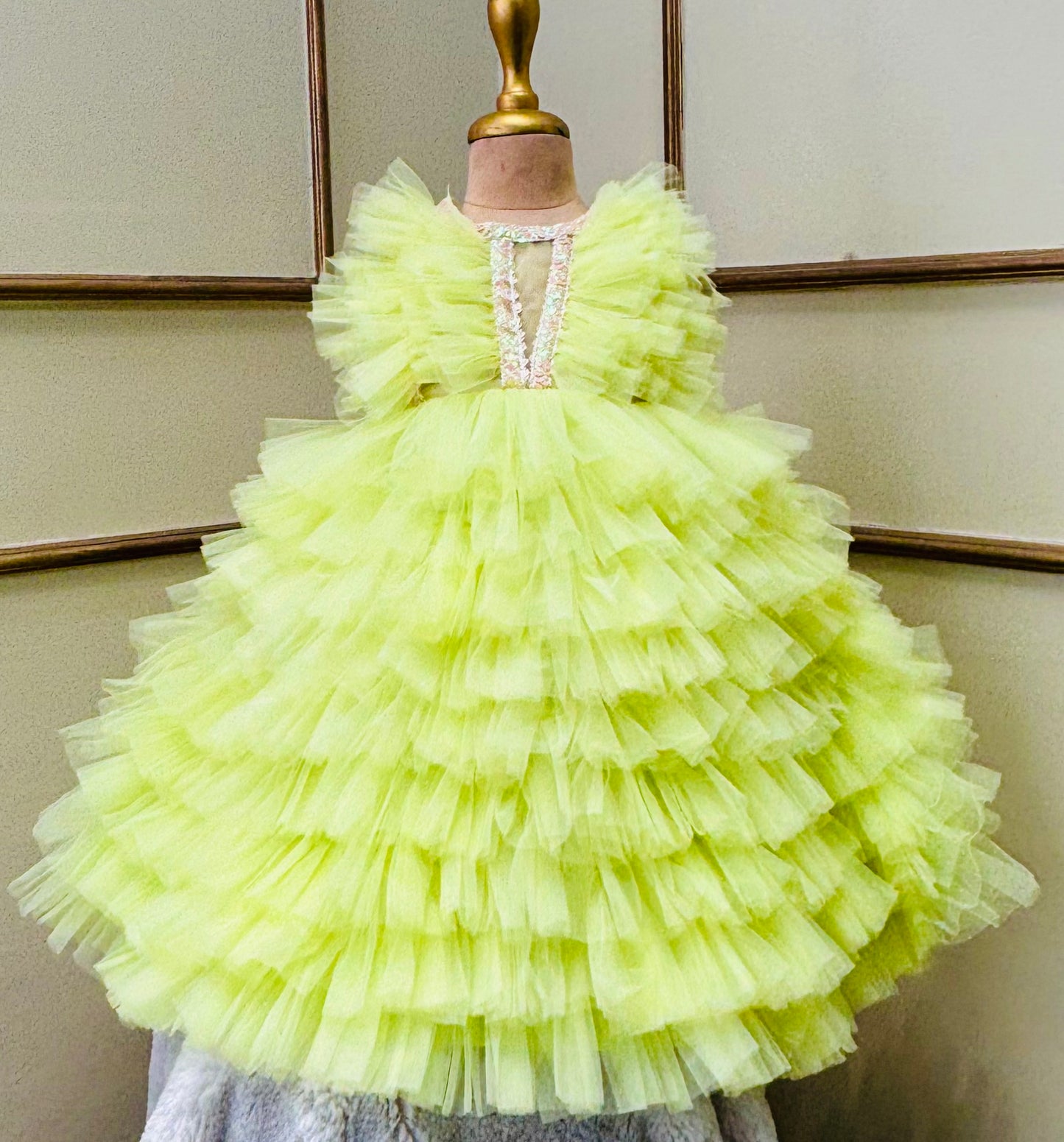 Multi layer neon yellow frill Gown