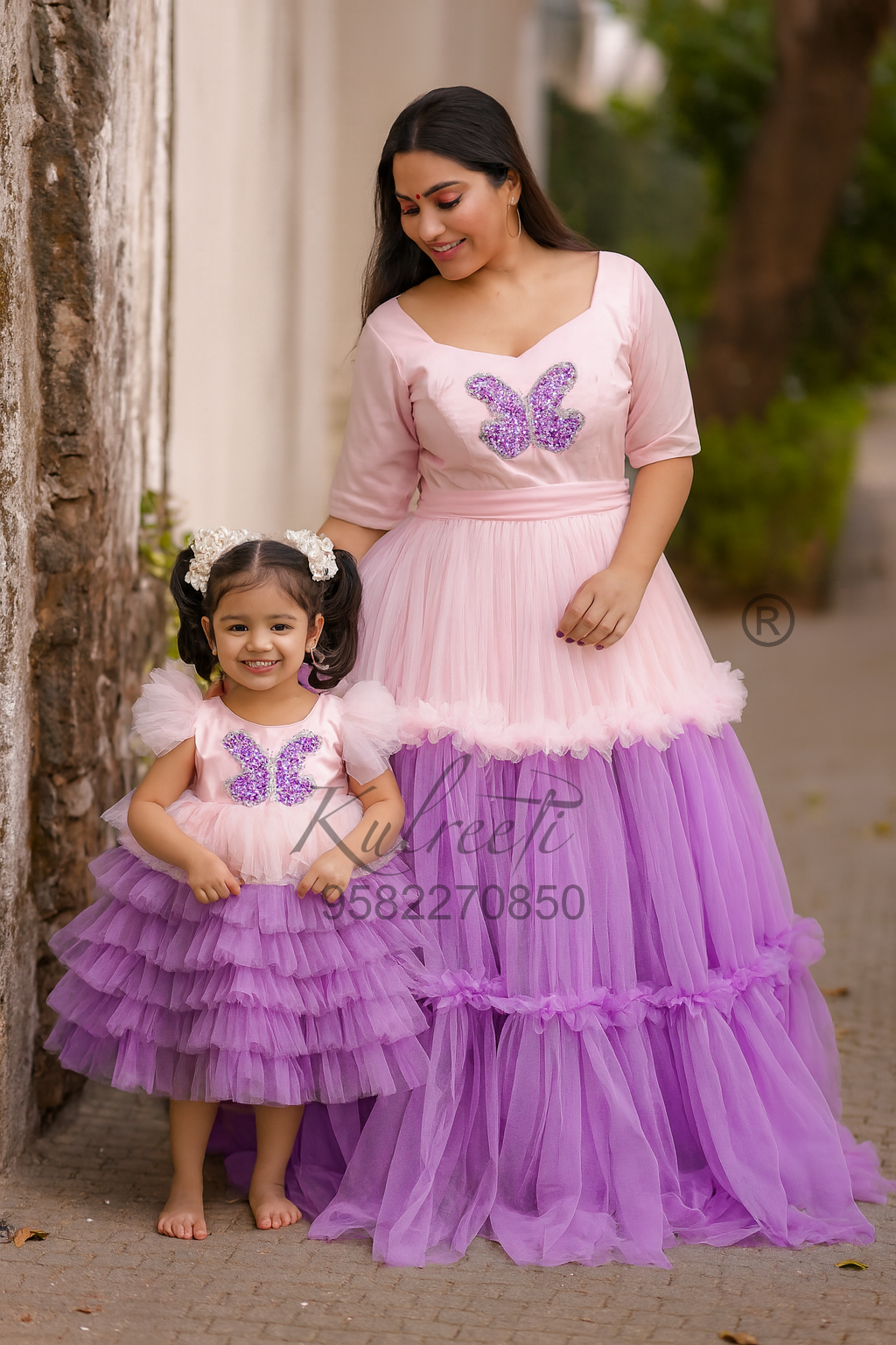 Pink lavender butterfly embroidered gown Twinning For Mother & Daughter (2 Pcs Combo)