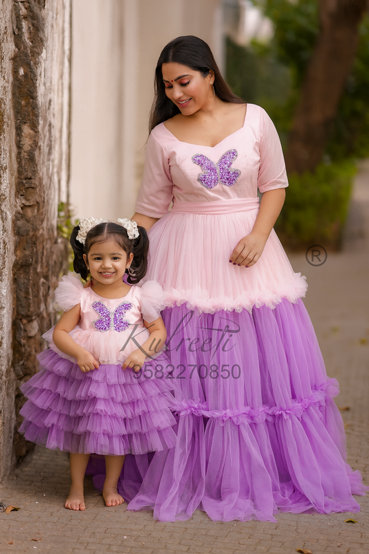 Pink lavender butterfly embroidered gown Twinning For Mother & Daughter (2 Pcs Combo)