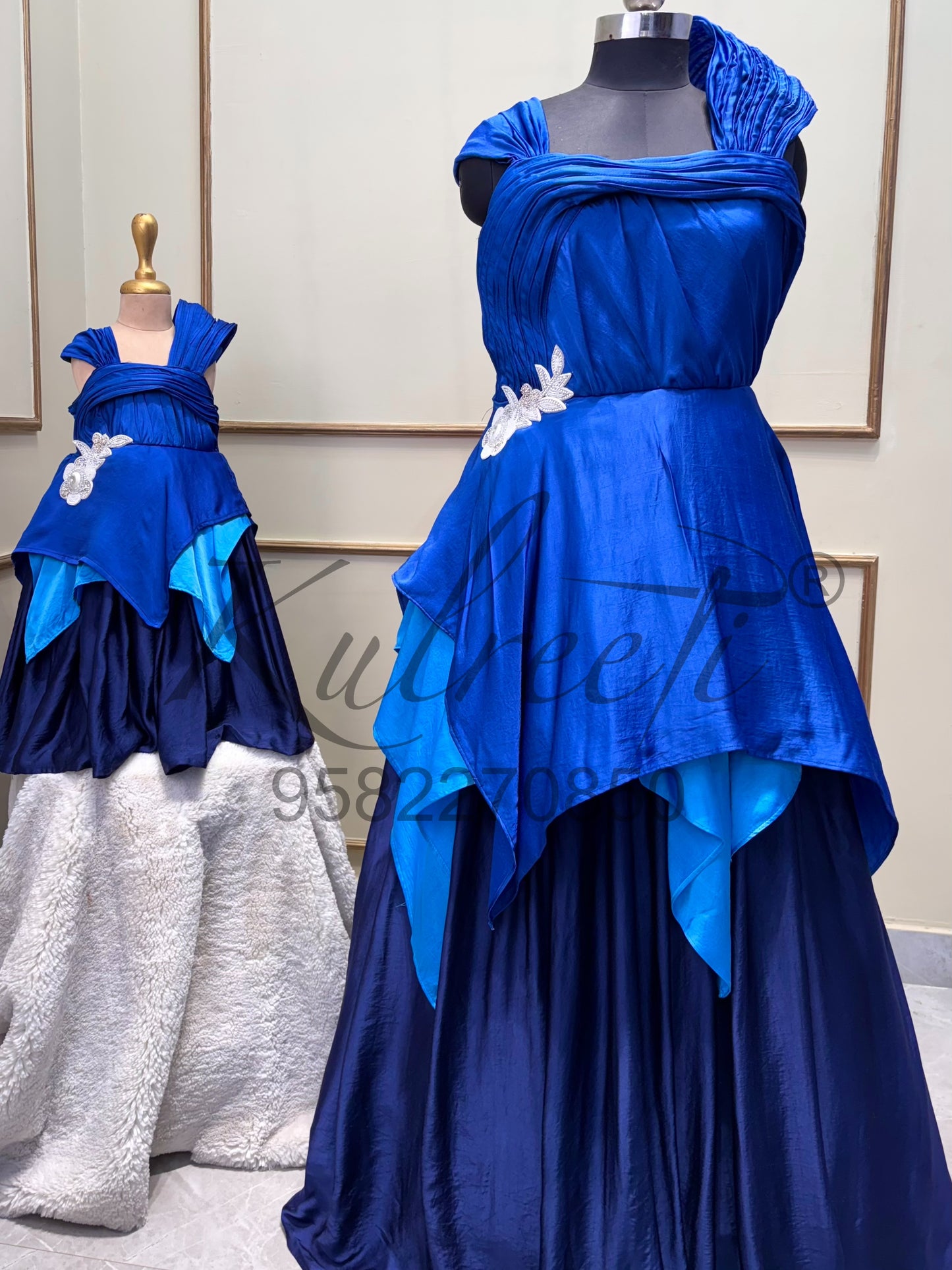 Pure satin silk Gown with flower patch and handkerchief style bottom F Twinning For Mother & Daughter