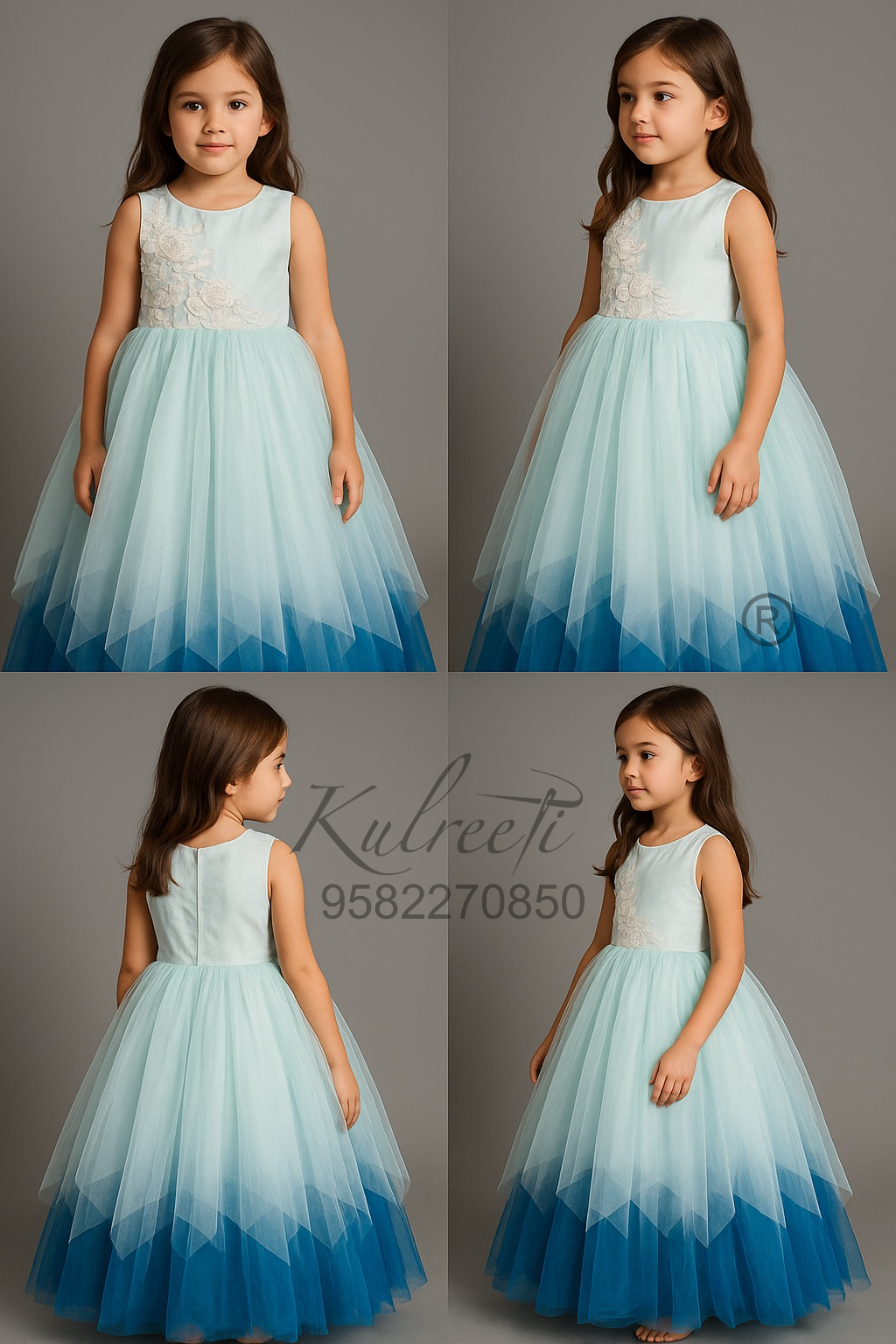 Blue shaded unique style Gown with flower embroidery