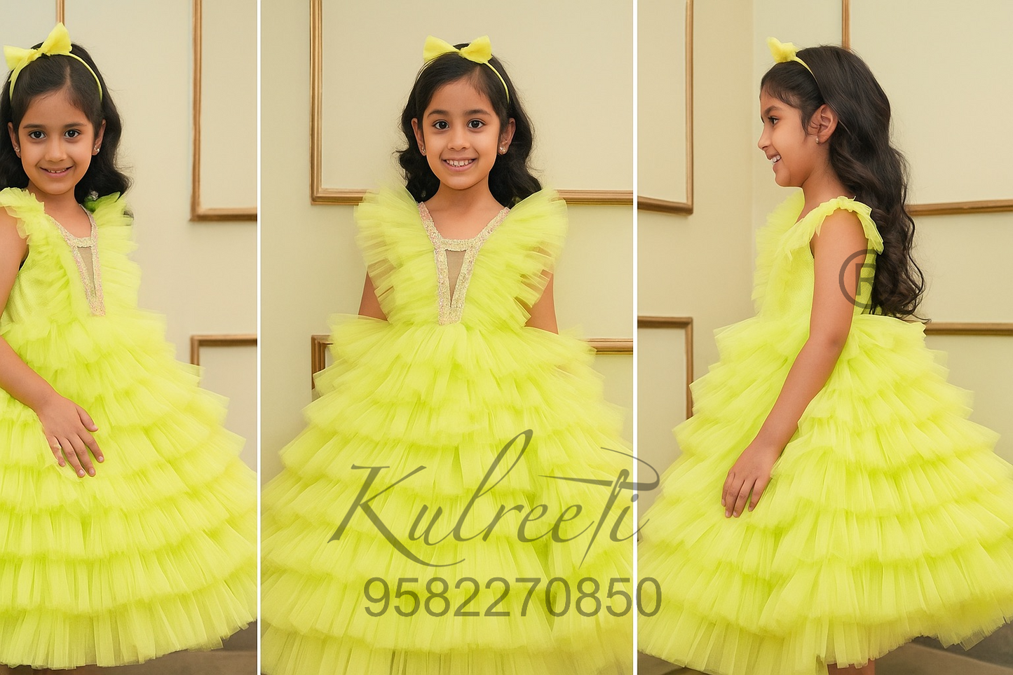 Multi layer neon yellow frill Gown