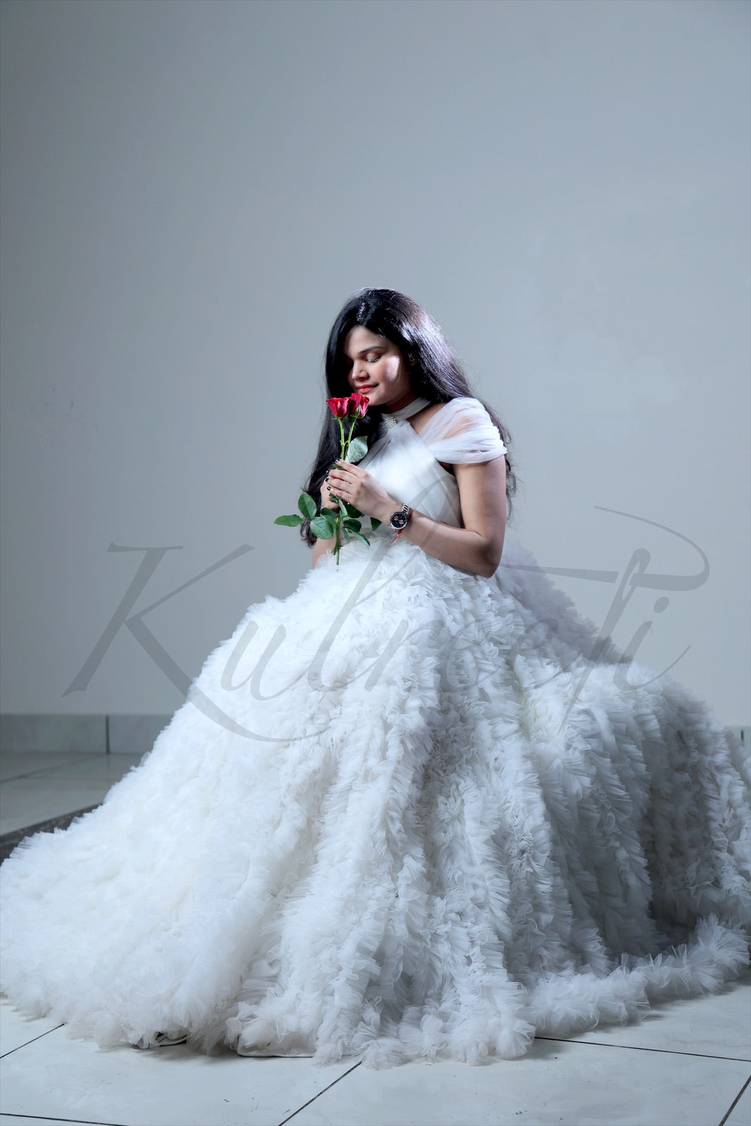 White Long Frill Gown For Maternity /Pre-wedding shoot