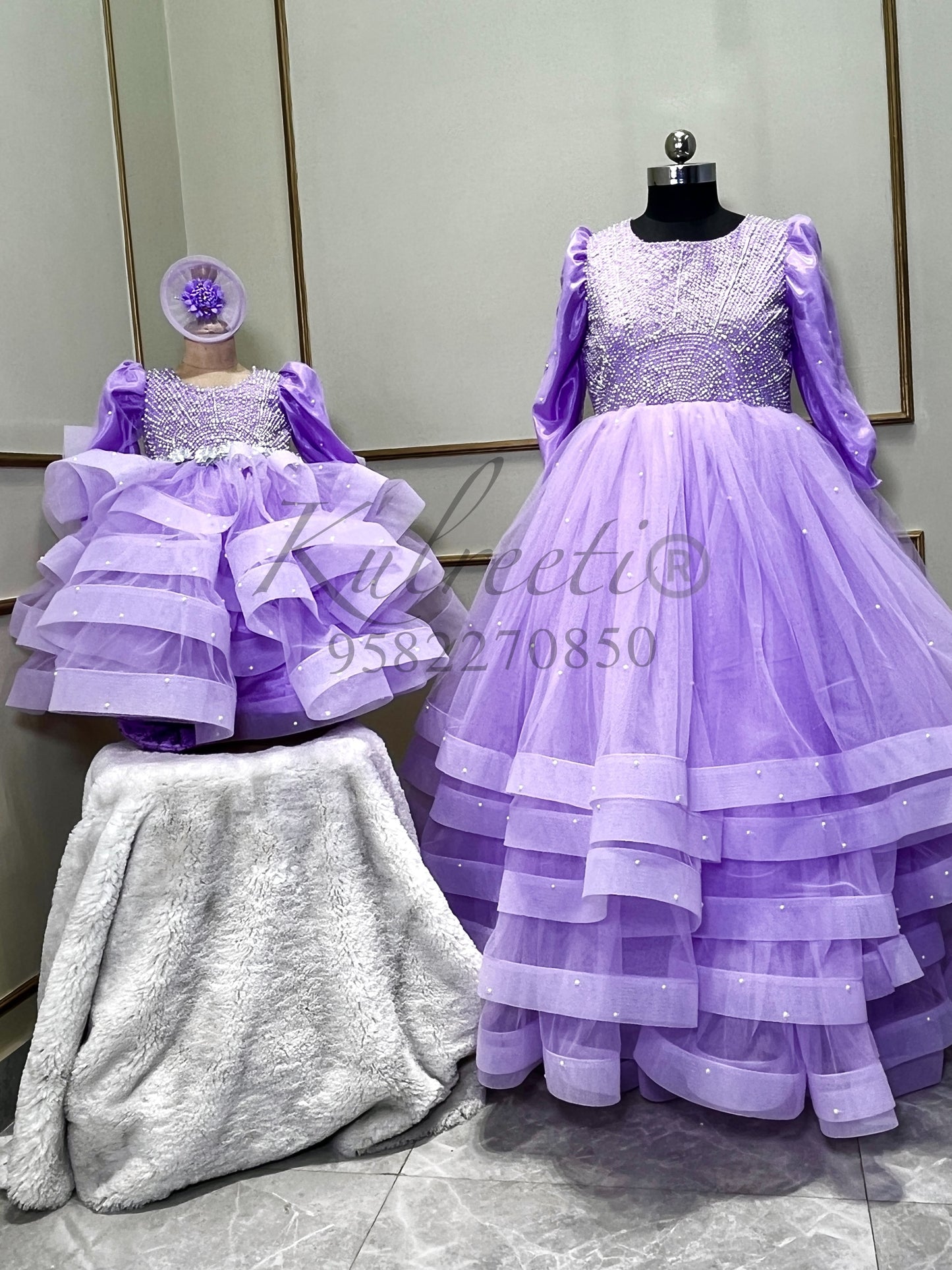 Lavender pearl hand embroidered gown with flower detailing Twinning for Mother & Daughter