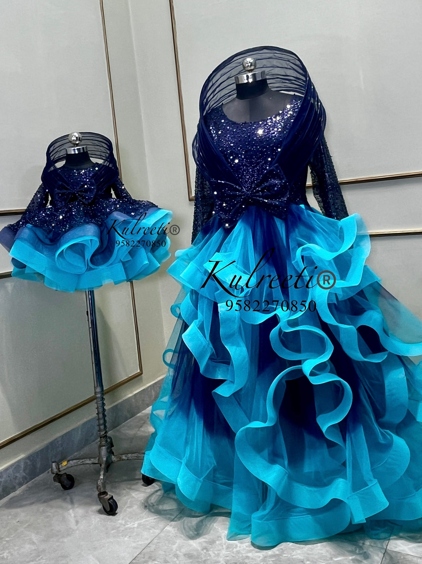 Navy blue and sea blue gown Twinning For Mother & Daughter (2 Pcs Combo