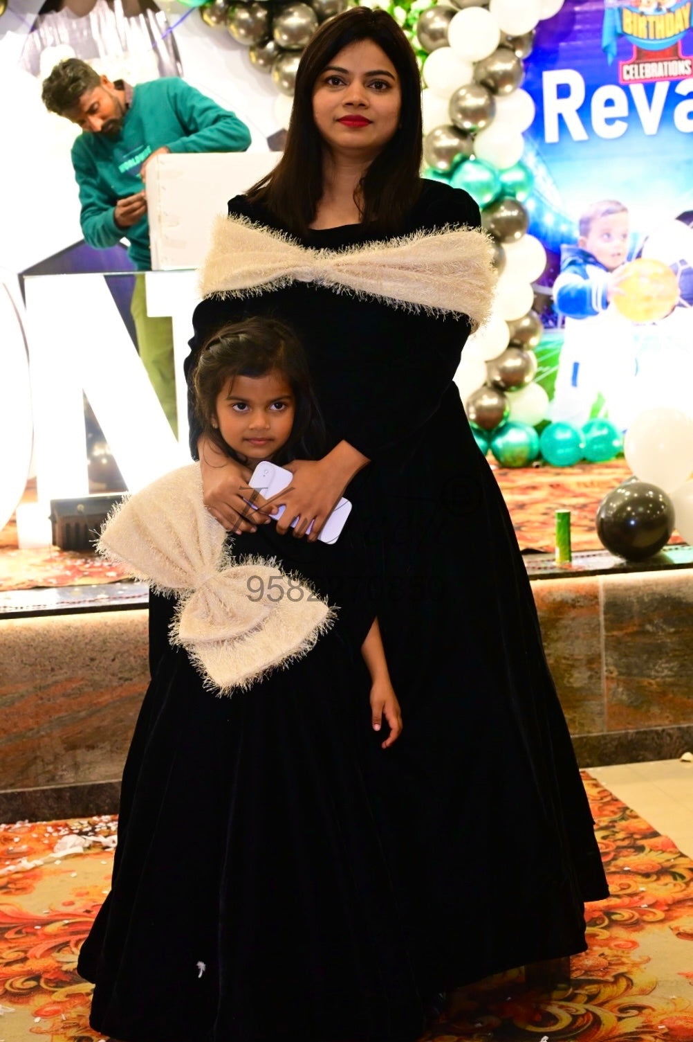 Black and white velvet gown Twinning For Mother & Daughter (2 Pcs Combo)