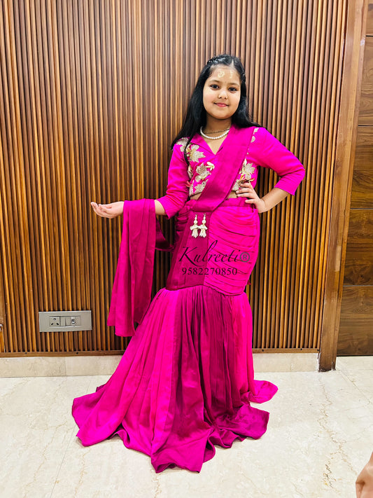 Magenta Embroidered Stylish Top With fishcut Lehenga and Dupatta