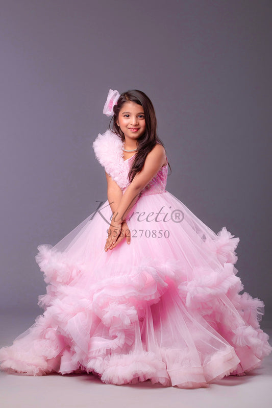 Baby pink Full Frill Gown with sequin top