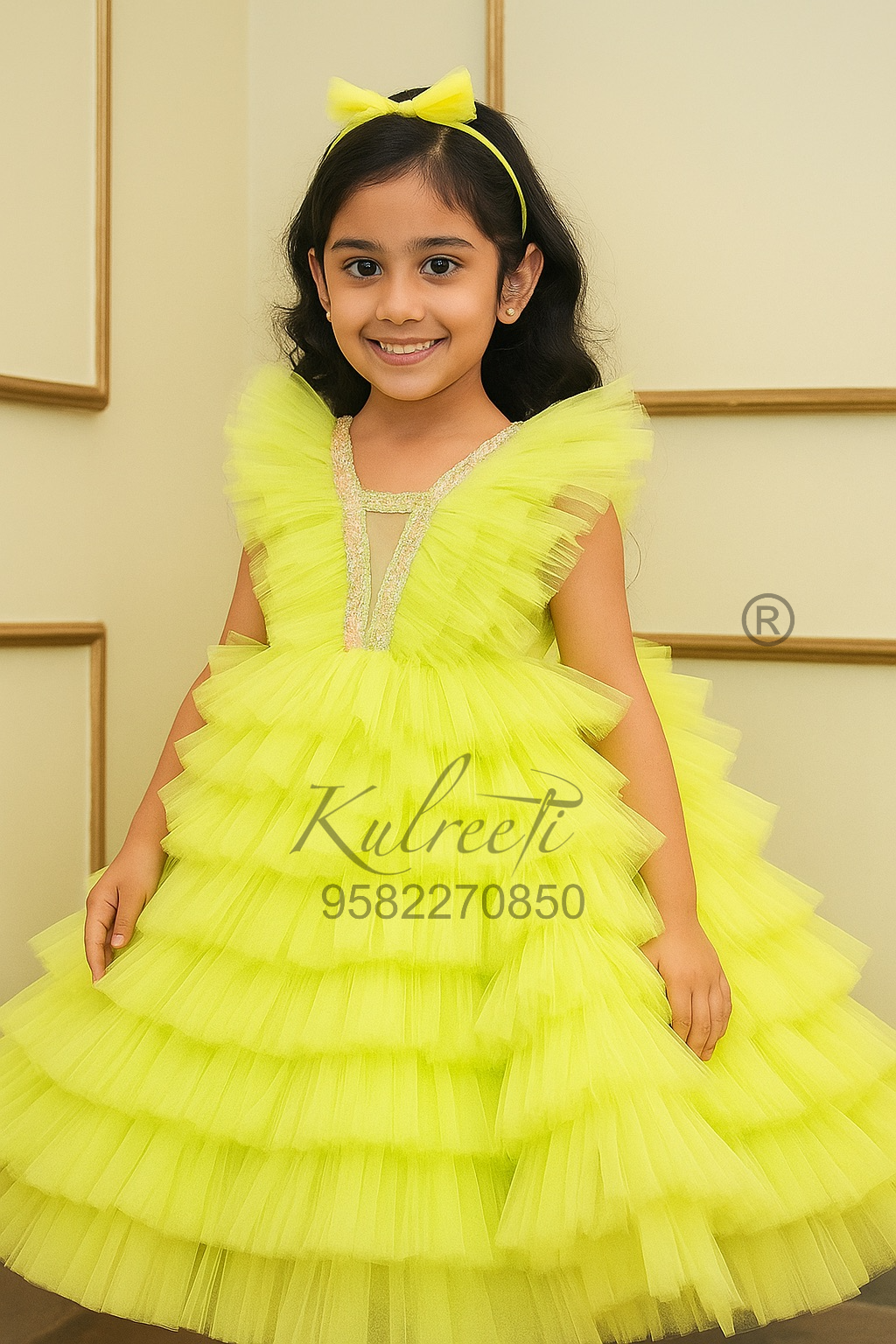 Multi layer neon yellow frill Gown