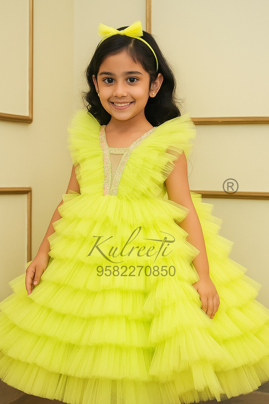 Multi layer neon yellow frill Gown