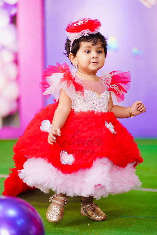 Red baby pink shaded sequin wire work Dress With Full Flair For Mother Or Dress For Daughter (1 Pc)
