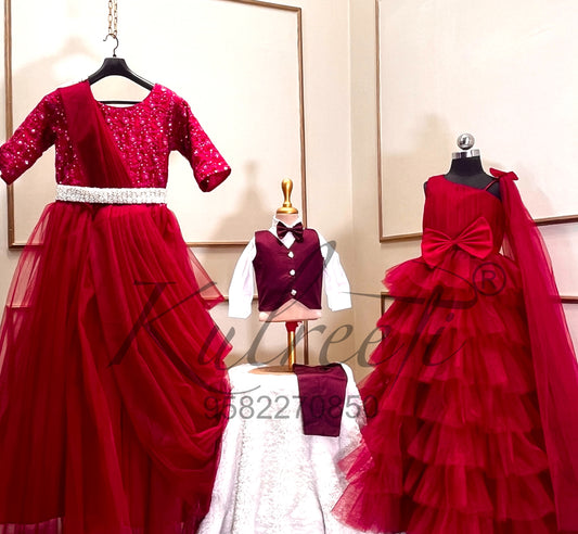 Wine multi layer gown Twinning For Mother & Daughter (2 Pcs Combo)