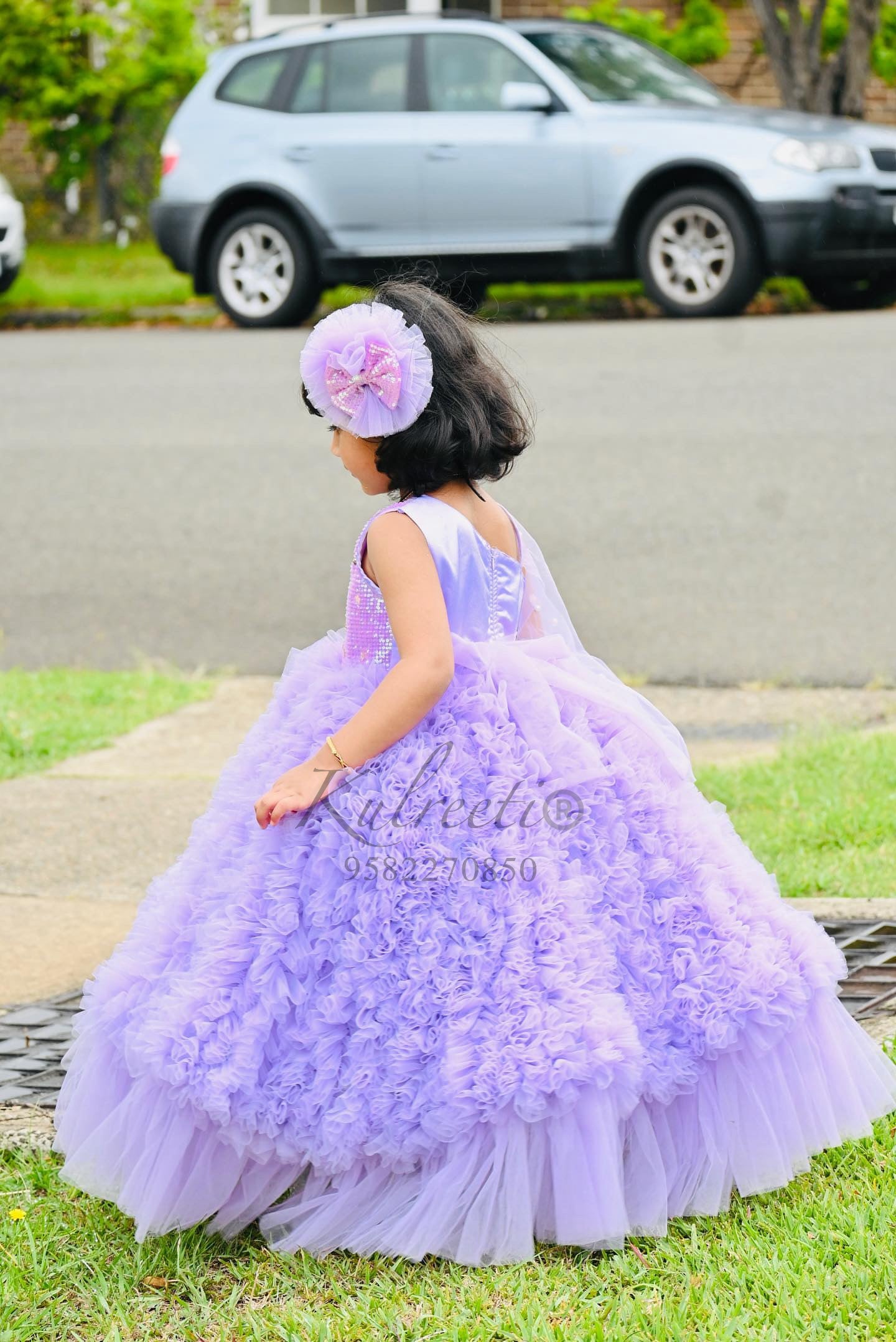 Lavender waterfall frill gown with sequin top and hand embroidery drape