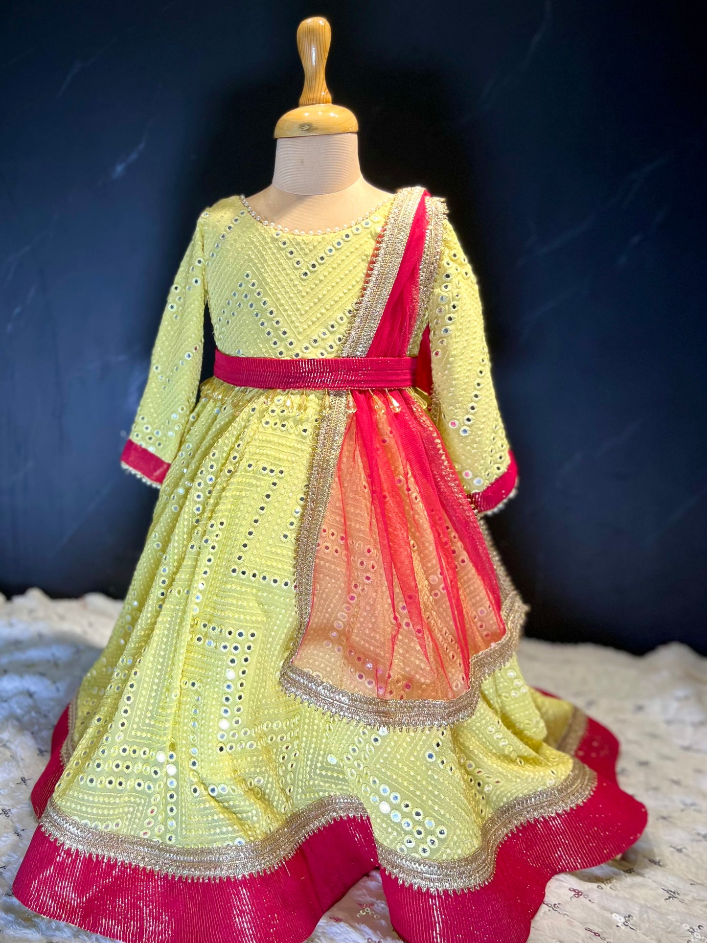 Yellow red mirror work embroidered  indian anarkali