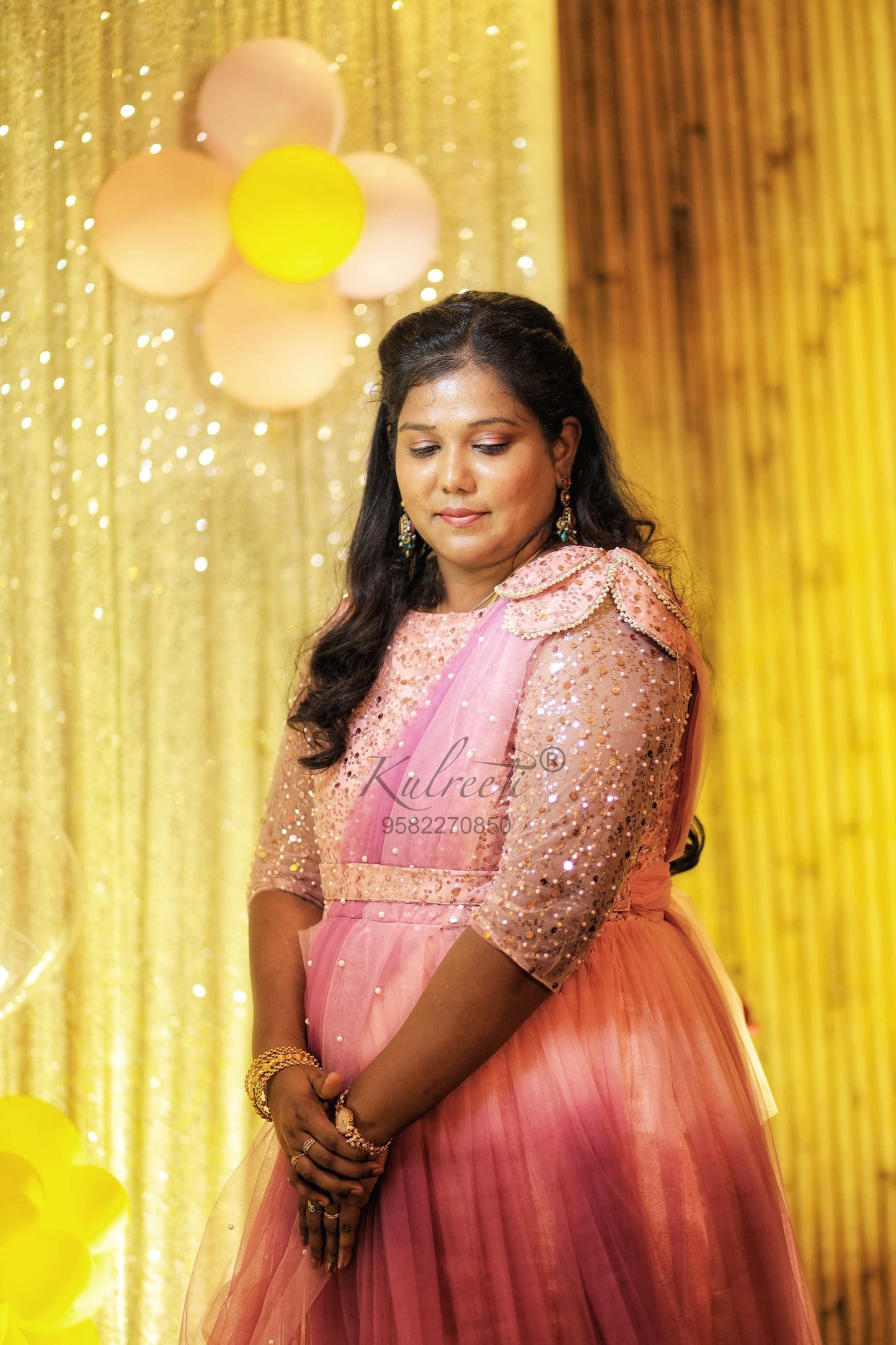Peach lavender gown with flower detailing Twinning for Mother & Daughter
