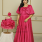 Hot pink satin bow gown with pearls allover Twinning For Mother & Daughter (2 Pcs Combo)