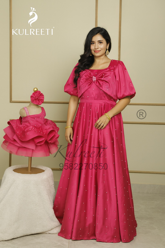 Hot pink satin bow gown with pearls allover Twinning For Mother & Daughter (2 Pcs Combo)