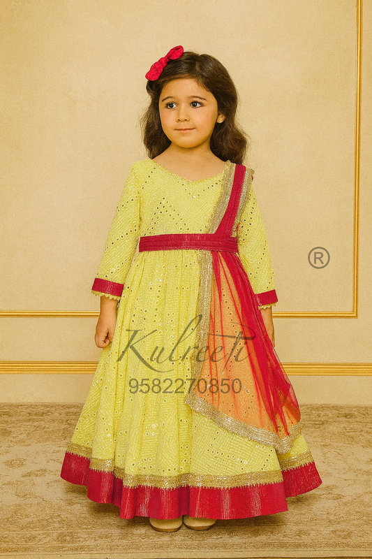 Yellow red mirror work embroidered  indian anarkali