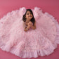 Pink waterfall frill gown with sequin top and hand embroidery drape