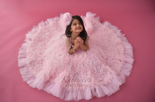 Pink waterfall frill gown with sequin top and hand embroidery drape