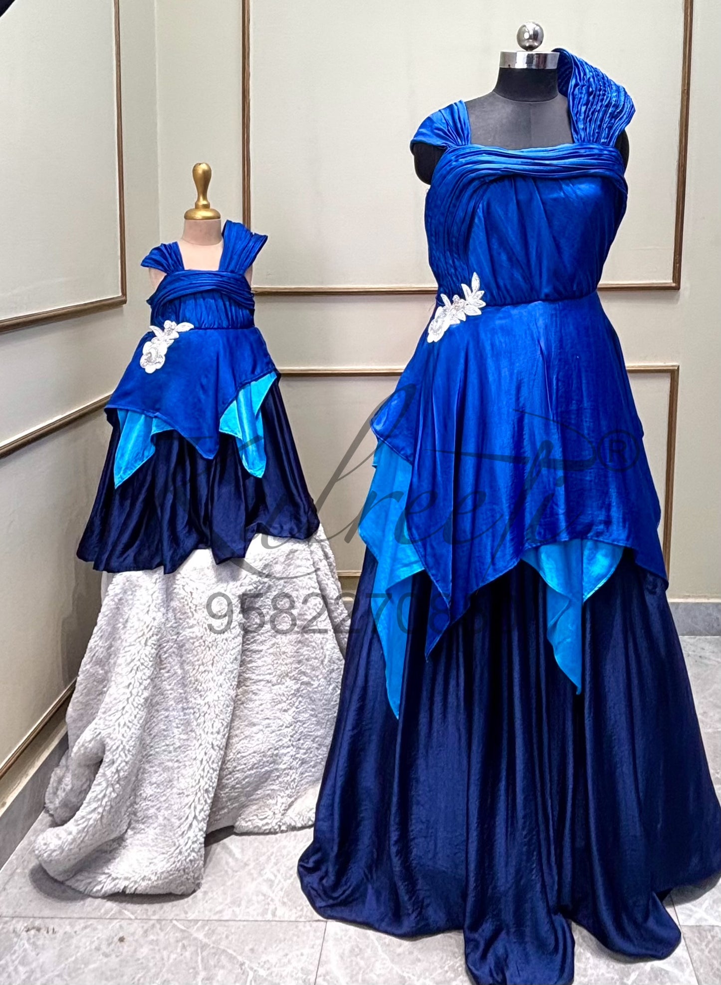 Pure satin silk Gown with flower patch and handkerchief style bottom F Twinning For Mother & Daughter