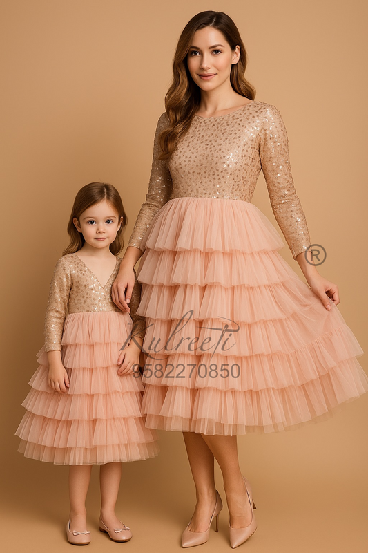 Dusty peach frilly with sequin top Twinning for Mother and Daughter (2 Pcs Combo)
