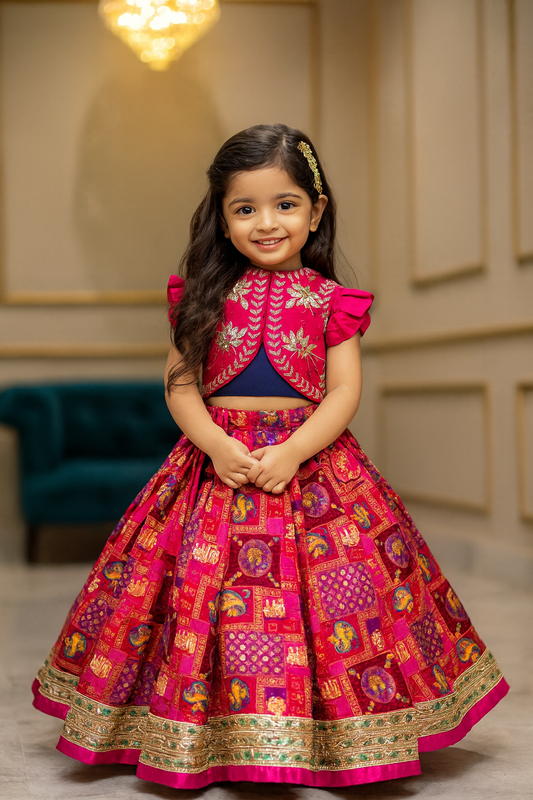 Hot pink Embroidered Stylish Top With Lehenga and Dupatta