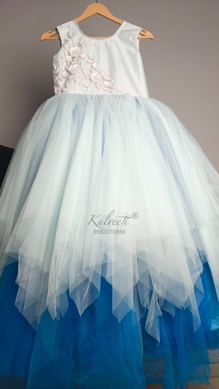 Blue shaded unique style Gown with flower embroidery