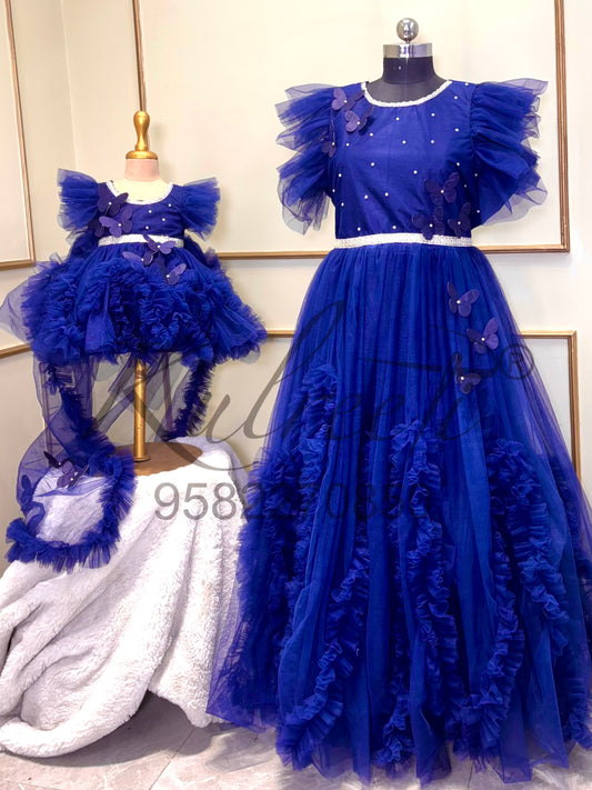 Navy blue butterfly theme gown Twinning for Mother and Daughter (2 Pcs Combo)