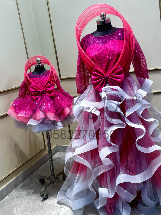 Hot pink grey gown Twinning For Mother & Daughter (2 Pcs Combo)