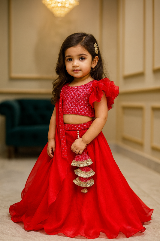 Red organza lehenga with Abhla work Top