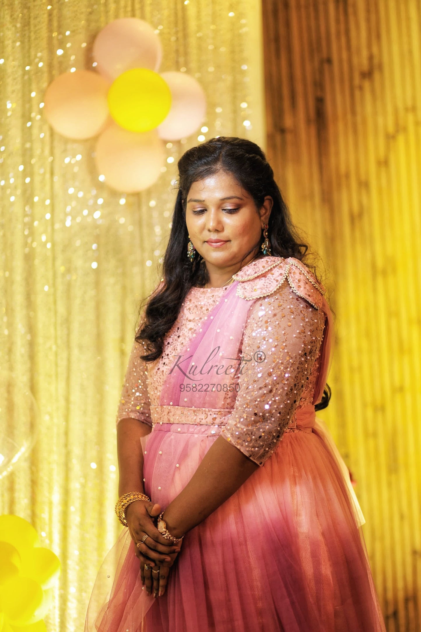 Peach lavender gown with flower detailing Twinning for Mother & Daughter