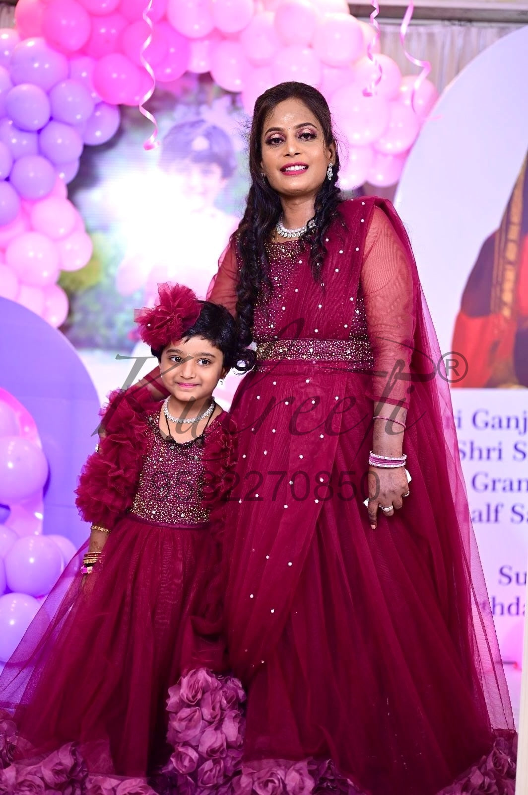 Wine hand embroidered gown with flower detailing Twinning for Mother & Daughter