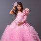 Dark pink Frill Gown with embroidered fabric and big flower