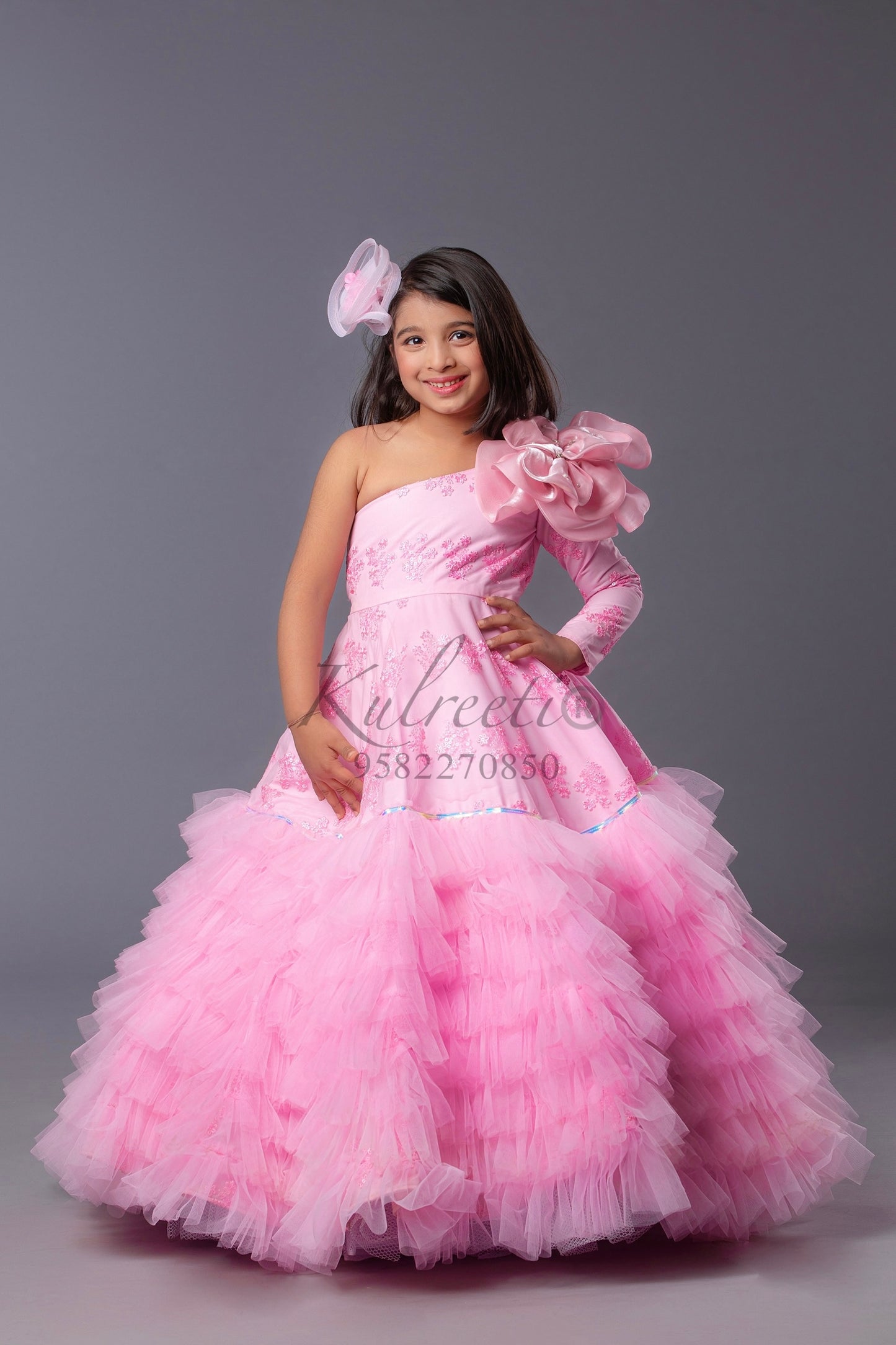 Dark pink Frill Gown with embroidered fabric and big flower