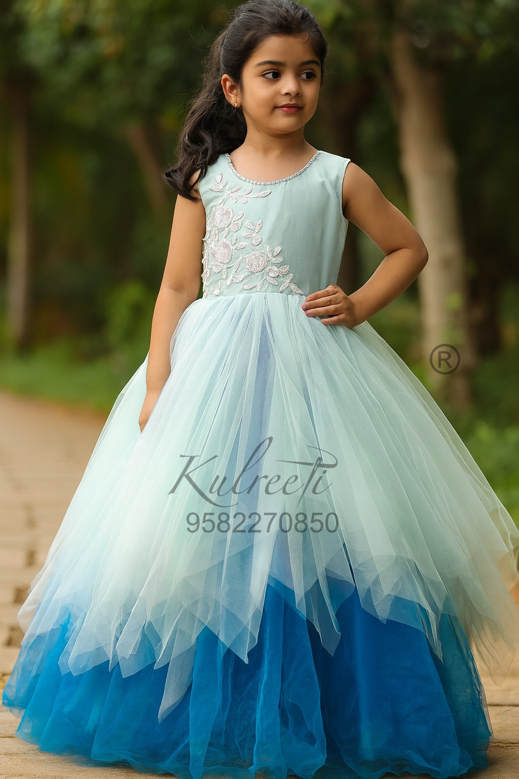 Blue shaded unique style Gown with flower embroidery