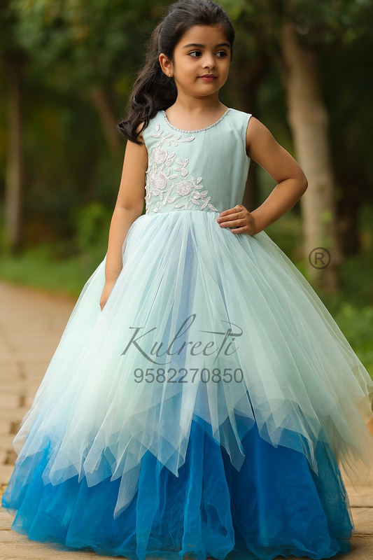 Blue shaded unique style Gown with flower embroidery